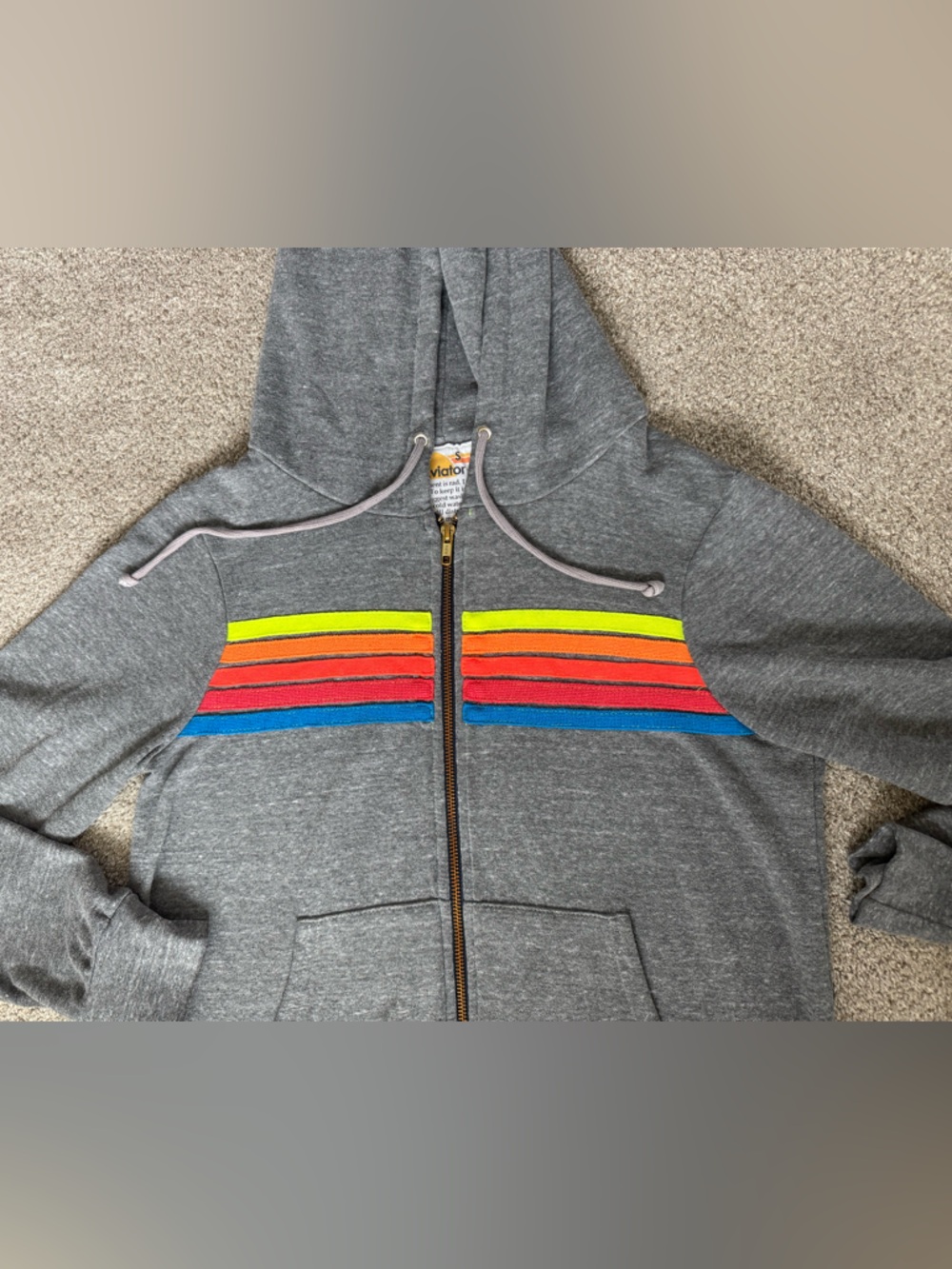 Aviator Nation Gray Zip-Up Hoodie Sweatshirt Neon 5 Stripe Sz S - Picture 3 of 8